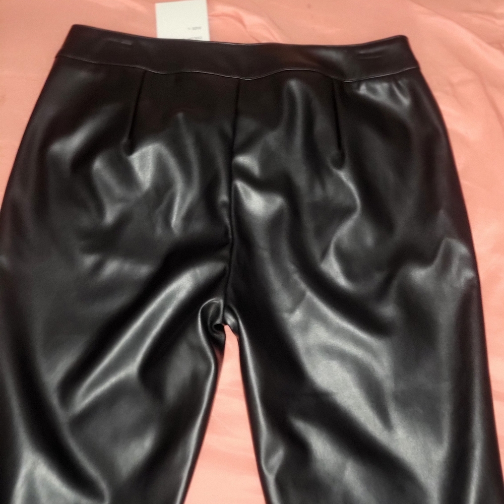 Women's Black Faux Leather Pants with Fur Trim - Picture 10 of 11